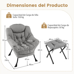 Sillón con Otomana Sillón de Ocio Moderno con Reposapiés Plegable Cojín de Cabeza Reposabrazos Silla Tapizada para Salón Dormitorio Gris