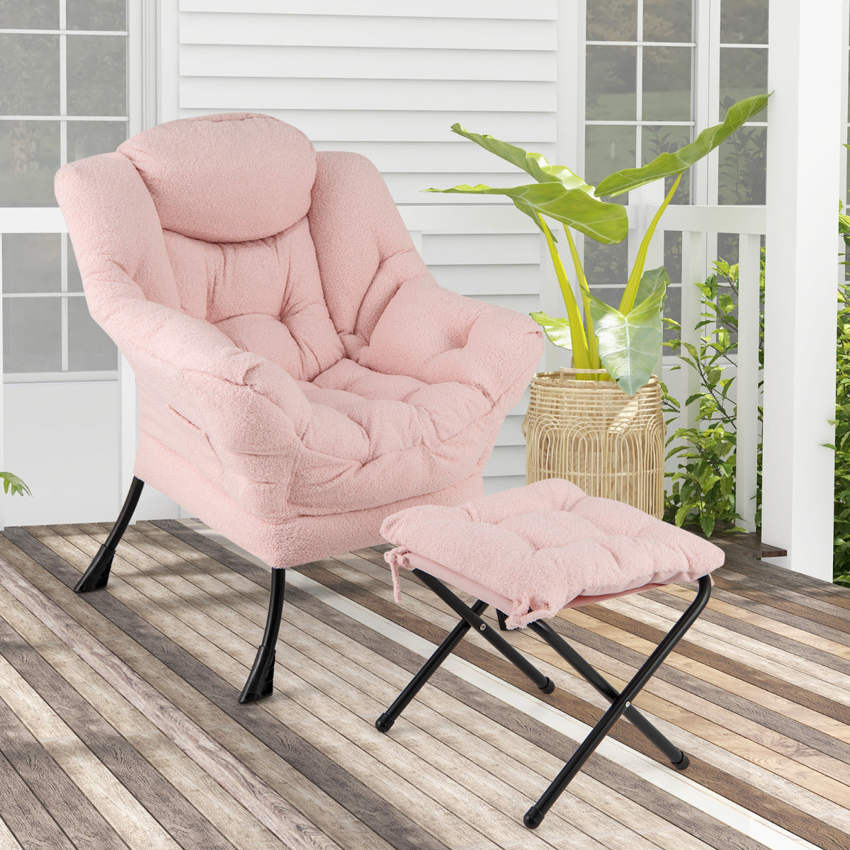 Sillón con Otomana Sillón de Ocio Moderno con Reposapiés Plegable Cojín de Cabeza Reposabrazos Silla Tapizada para Salón Dormitorio Rosa