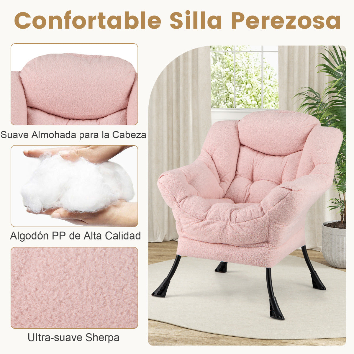 Sillón con Otomana Sillón de Ocio Moderno con Reposapiés Plegable Cojín de Cabeza Reposabrazos Silla Tapizada para Salón Dormitorio Rosa