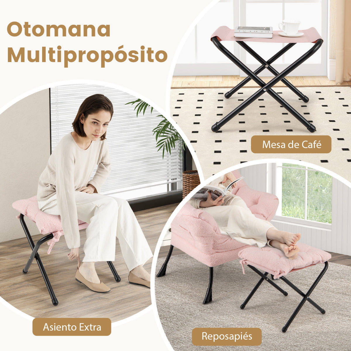 Sillón con Otomana Sillón de Ocio Moderno con Reposapiés Plegable Cojín de Cabeza Reposabrazos Silla Tapizada para Salón Dormitorio Rosa