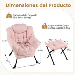 Sillón con Otomana Sillón de Ocio Moderno con Reposapiés Plegable Cojín de Cabeza Reposabrazos Silla Tapizada para Salón Dormitorio Rosa