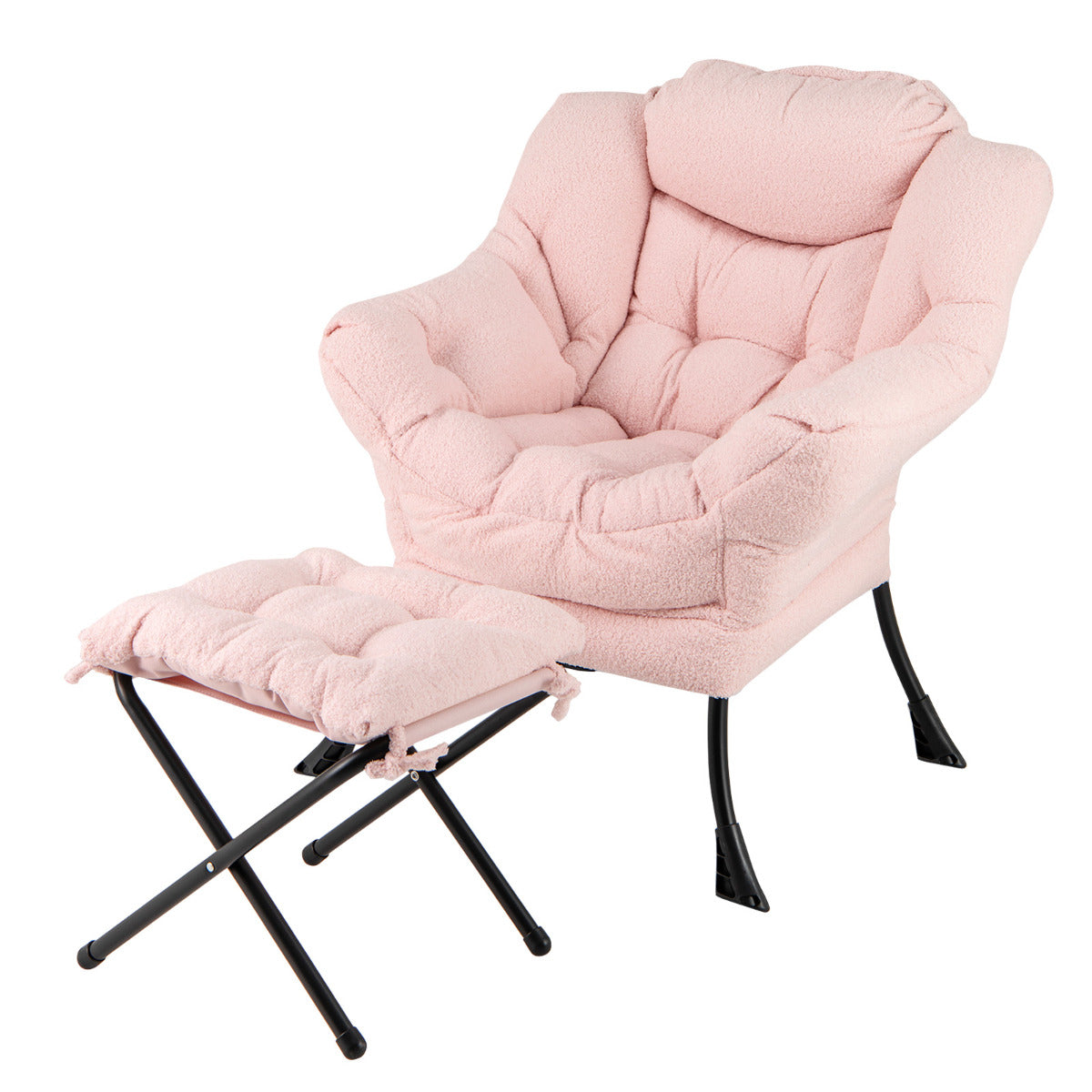 Sillón con Otomana Sillón de Ocio Moderno con Reposapiés Plegable Cojín de Cabeza Reposabrazos Silla Tapizada para Salón Dormitorio Rosa