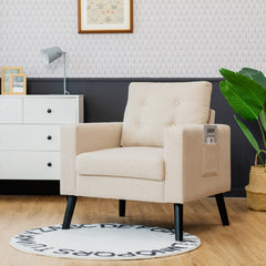 Sillón de Brazo de Ocio Moderno Apizada con Patas de Madera de Caucho y 2 Bolsillos Laterales 75 x 81 x 86 cm Beige