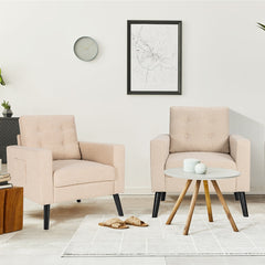 Sillón de Brazo de Ocio Moderno Apizada con Patas de Madera de Caucho y 2 Bolsillos Laterales 75 x 81 x 86 cm Beige