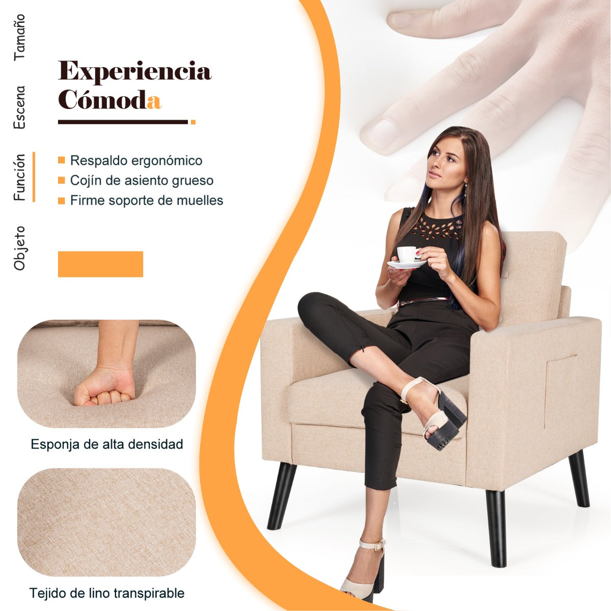 Sillón de Brazo de Ocio Moderno Apizada con Patas de Madera de Caucho y 2 Bolsillos Laterales 75 x 81 x 86 cm Beige