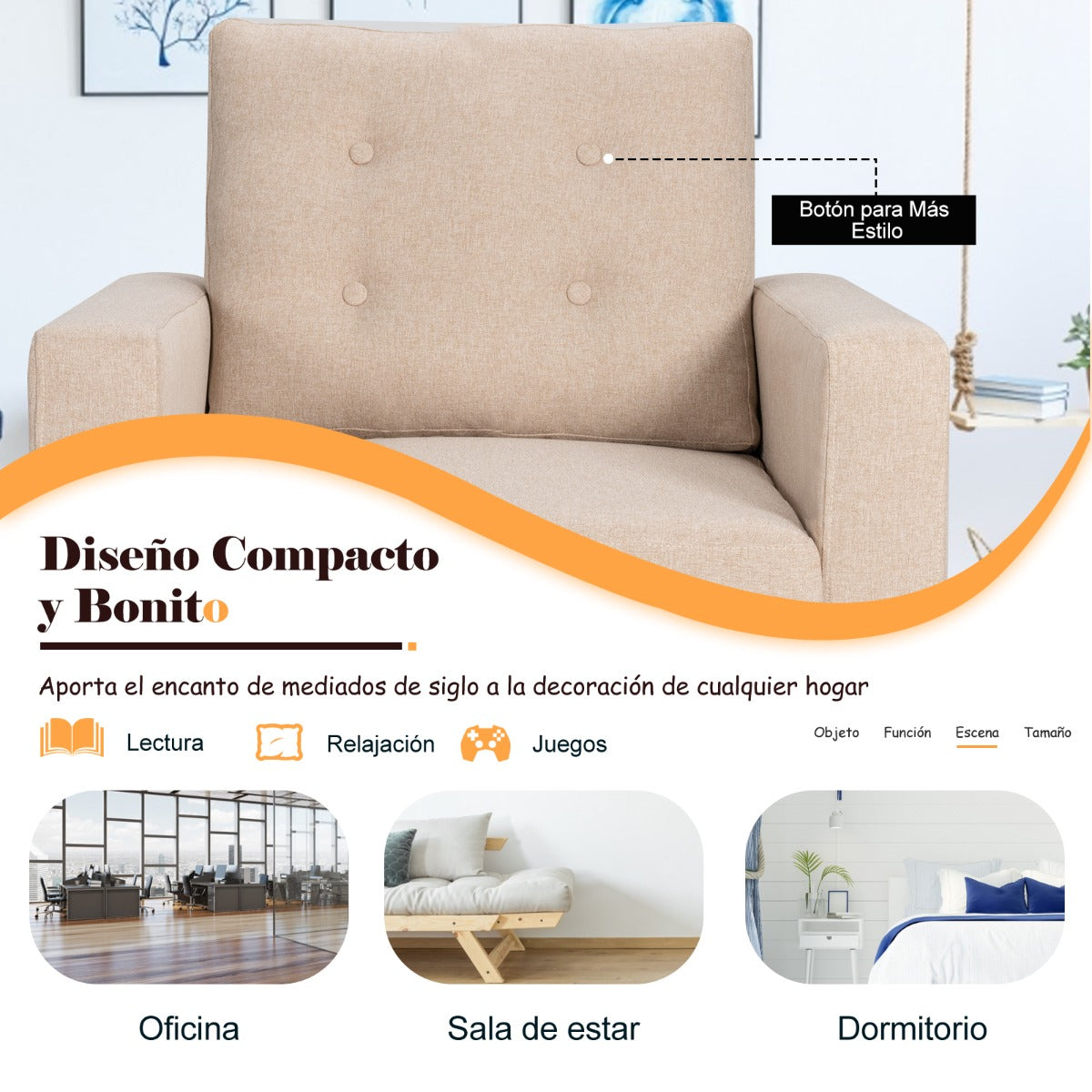 Sillón de Brazo de Ocio Moderno Apizada con Patas de Madera de Caucho y 2 Bolsillos Laterales 75 x 81 x 86 cm Beige