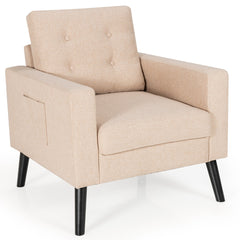 Sillón de Brazo de Ocio Moderno Apizada con Patas de Madera de Caucho y 2 Bolsillos Laterales 75 x 81 x 86 cm Beige