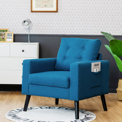 Sillón de Brazo de Ocio Moderno Apizada con Patas de Madera de Caucho y 2 Bolsillos Laterales 75 x 81 x 86 cm Azul Marino