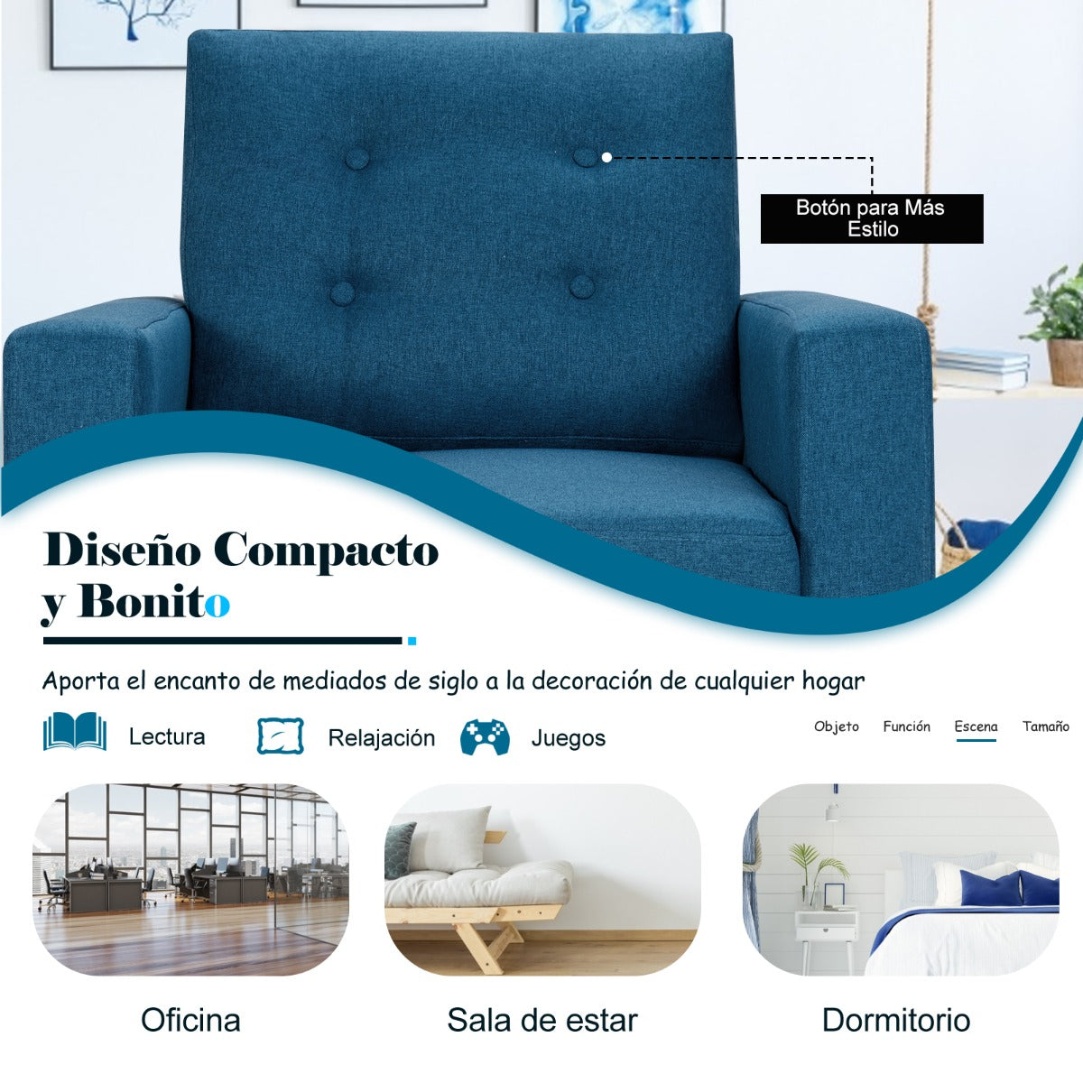 Sillón de Brazo de Ocio Moderno Apizada con Patas de Madera de Caucho y 2 Bolsillos Laterales 75 x 81 x 86 cm Azul Marino