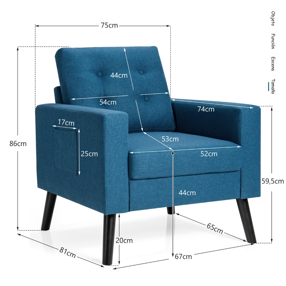 Sillón de Brazo de Ocio Moderno Apizada con Patas de Madera de Caucho y 2 Bolsillos Laterales 75 x 81 x 86 cm Azul Marino