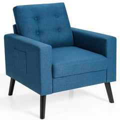 Sillón de Brazo de Ocio Moderno Apizada con Patas de Madera de Caucho y 2 Bolsillos Laterales 75 x 81 x 86 cm Azul Marino