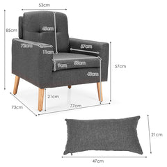 Sillón de Ocio Moderno con Cojín Lumbar Patas de Madera Respaldo Reposabrazos Curvos Tela Transpirable y Espuma para Dormitorio Gris