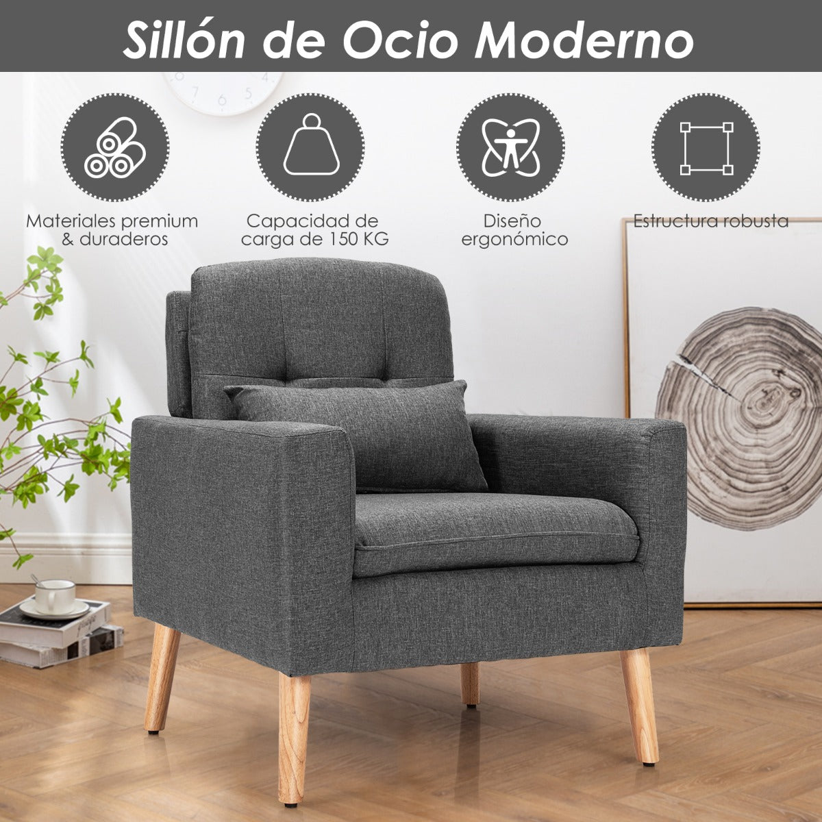 Sillón de Ocio Moderno con Cojín Lumbar Patas de Madera Respaldo Reposabrazos Curvos Tela Transpirable y Espuma para Dormitorio Gris