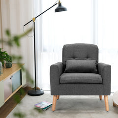 Sillón de Ocio Moderno con Cojín Lumbar Patas de Madera Respaldo Reposabrazos Curvos Tela Transpirable y Espuma para Dormitorio Gris
