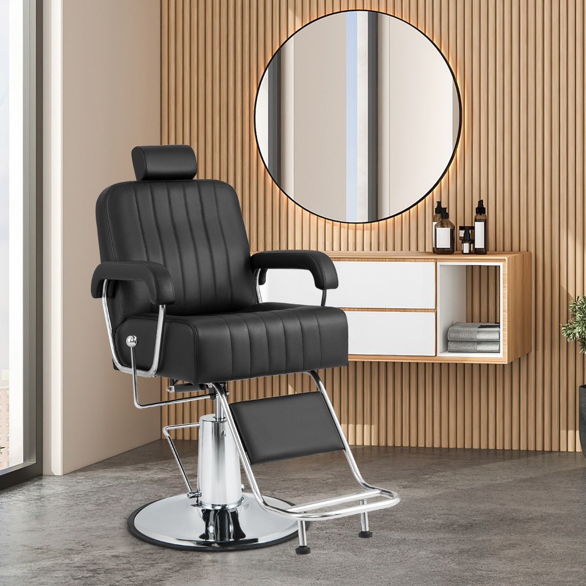 Sillón de Peluquería Hidráulico de 108-121 cm con Giro de 360° Reposacabezas Respaldo Reclinable y Ajuste de Altura Carga 150 kg Negro