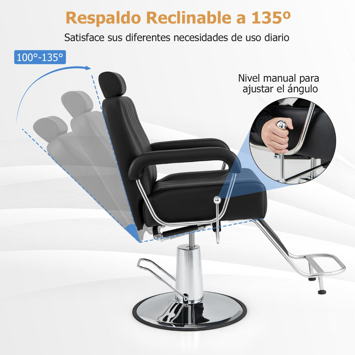 Sillón de Peluquería Hidráulico de 108-121 cm con Giro de 360° Reposacabezas Respaldo Reclinable y Ajuste de Altura Carga 150 kg Negro