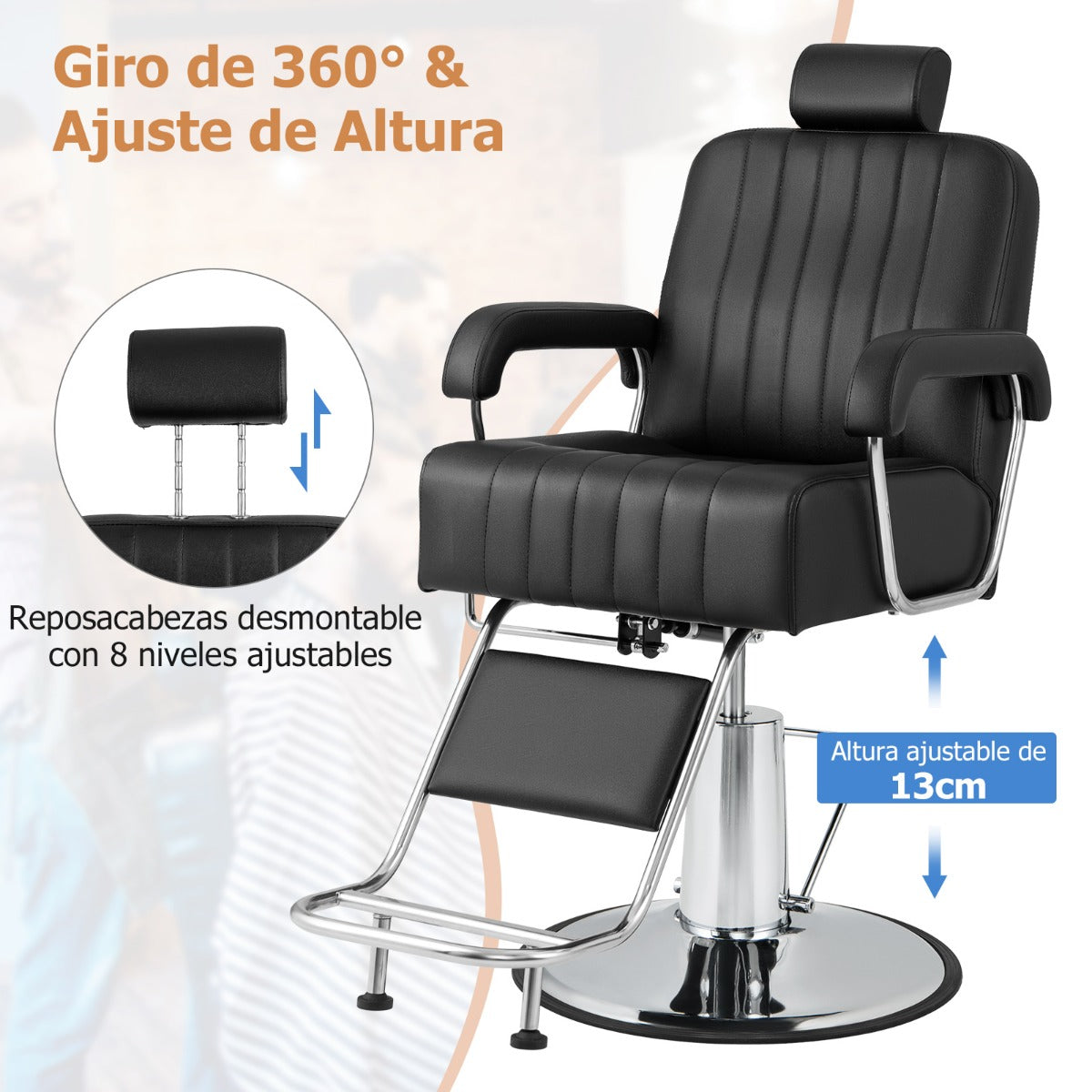Sillón de Peluquería Hidráulico de 108-121 cm con Giro de 360° Reposacabezas Respaldo Reclinable y Ajuste de Altura Carga 150 kg Negro