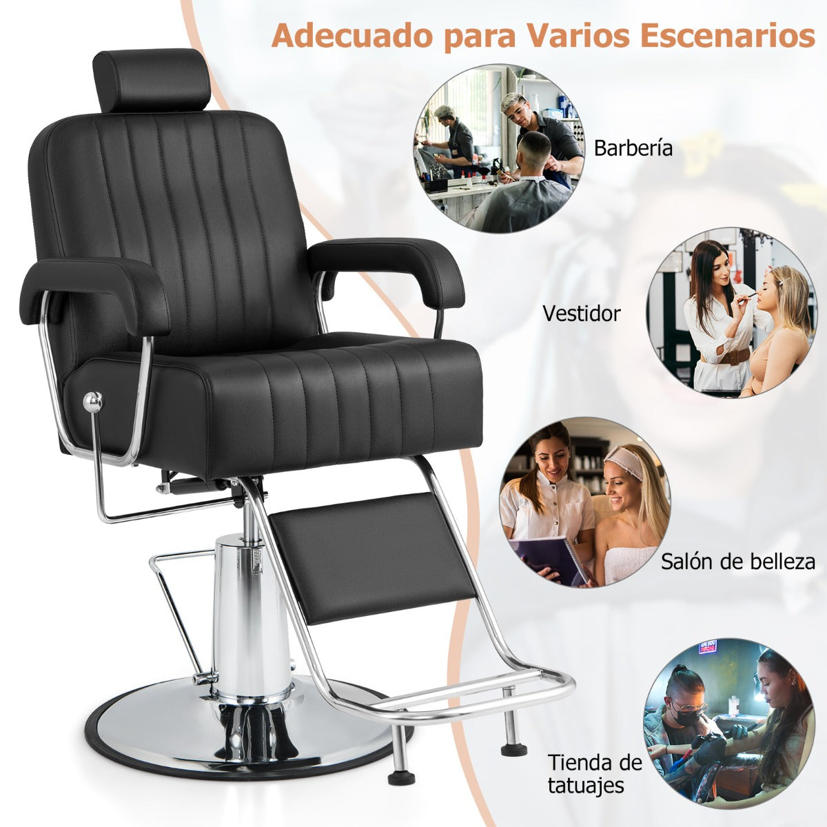 Sillón de Peluquería Hidráulico de 108-121 cm con Giro de 360° Reposacabezas Respaldo Reclinable y Ajuste de Altura Carga 150 kg Negro