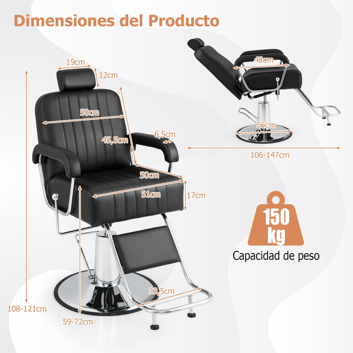 Sillón de Peluquería Hidráulico de 108-121 cm con Giro de 360° Reposacabezas Respaldo Reclinable y Ajuste de Altura Carga 150 kg Negro