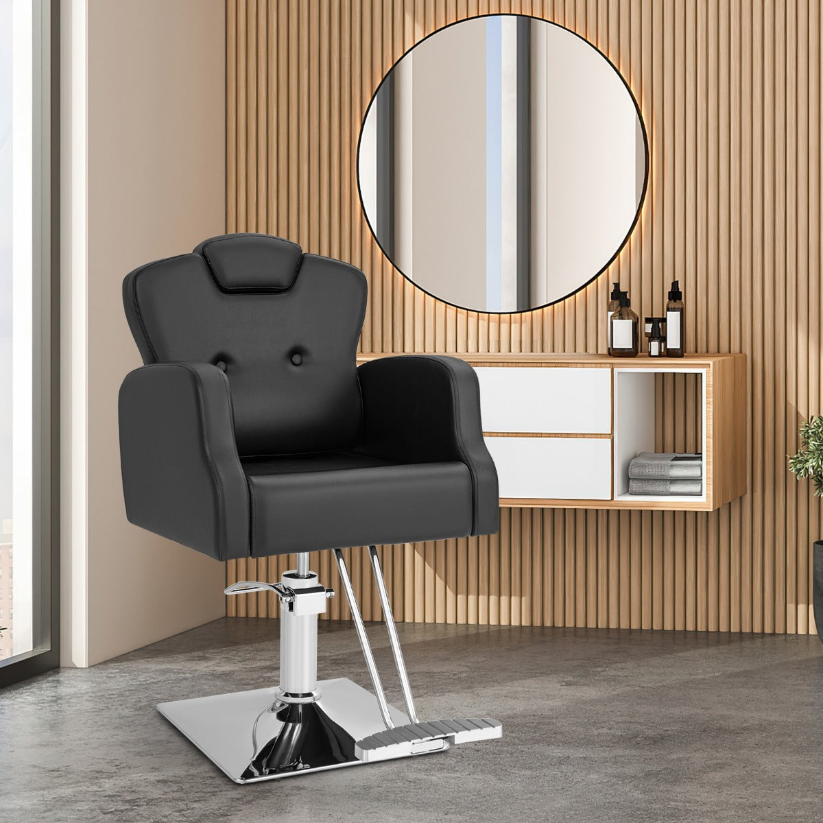 Sillón de Peluquería Hidráulico de 99-114 cm con Giro de 360° Reposacabezas Respaldo Reclinable y Ajuste de Altura Carga 150 kg Negro