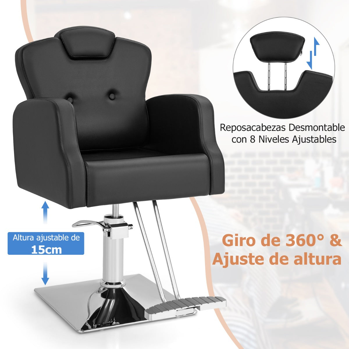 Sillón de Peluquería Hidráulico de 99-114 cm con Giro de 360° Reposacabezas Respaldo Reclinable y Ajuste de Altura Carga 150 kg Negro