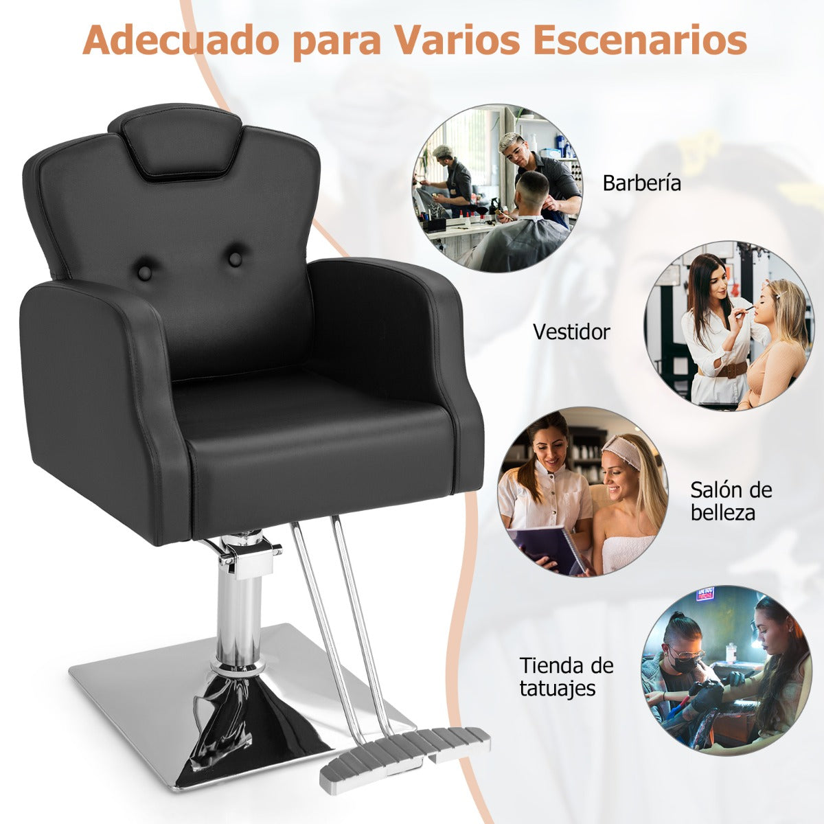 Sillón de Peluquería Hidráulico de 99-114 cm con Giro de 360° Reposacabezas Respaldo Reclinable y Ajuste de Altura Carga 150 kg Negro