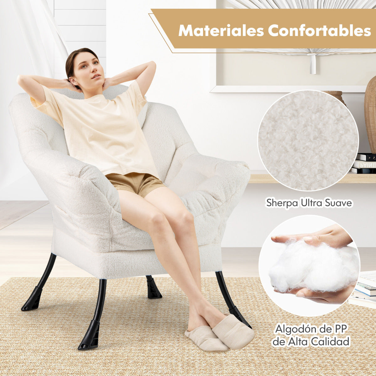 Sillón Grande de Ocio Tapizado con Cojín de Cabeza Acolchado Respaldo Reposabrazos y Bolsa Sillón Sofá para Sala de Estar Dormitorio Beige