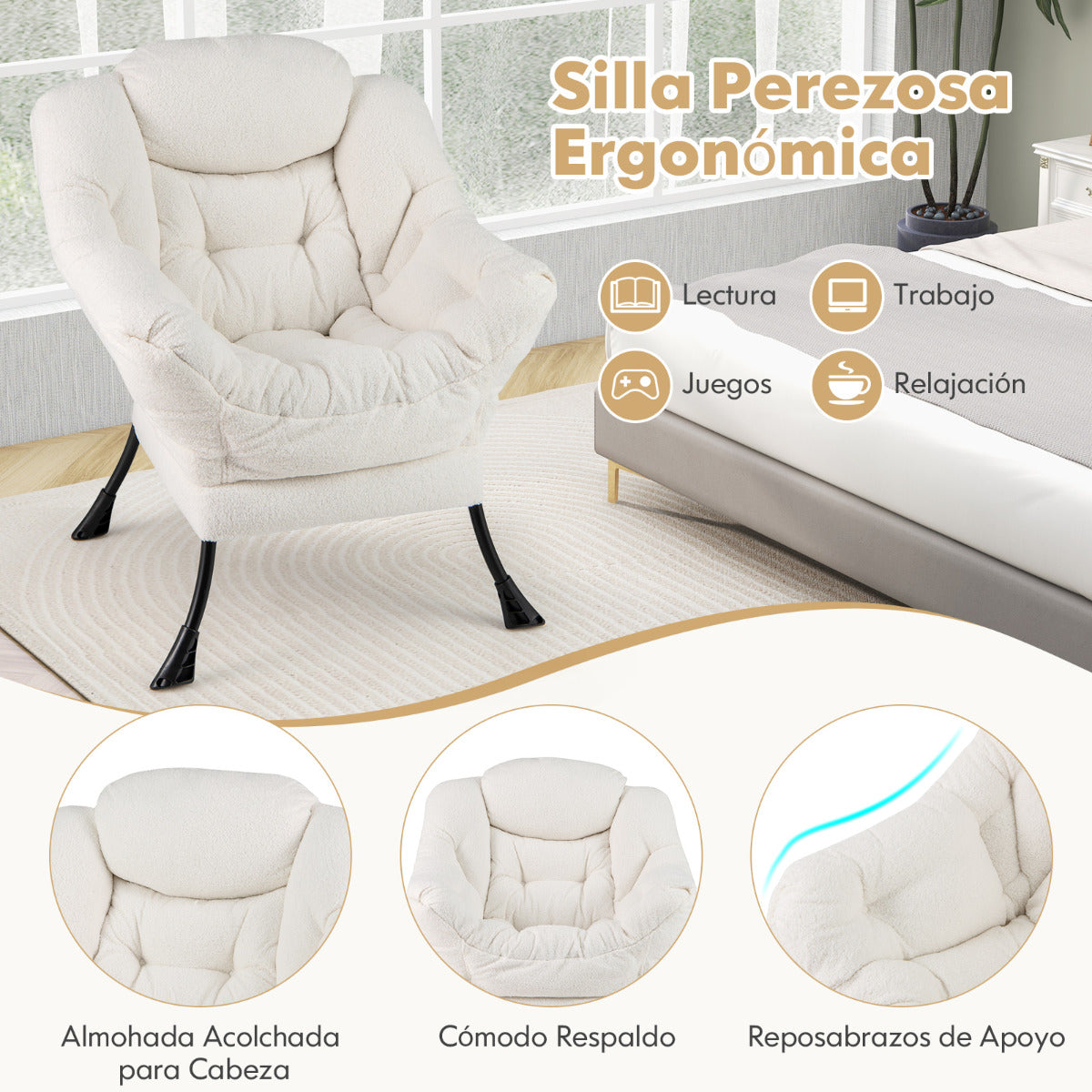 Sillón Grande de Ocio Tapizado con Cojín de Cabeza Acolchado Respaldo Reposabrazos y Bolsa Sillón Sofá para Sala de Estar Dormitorio Beige