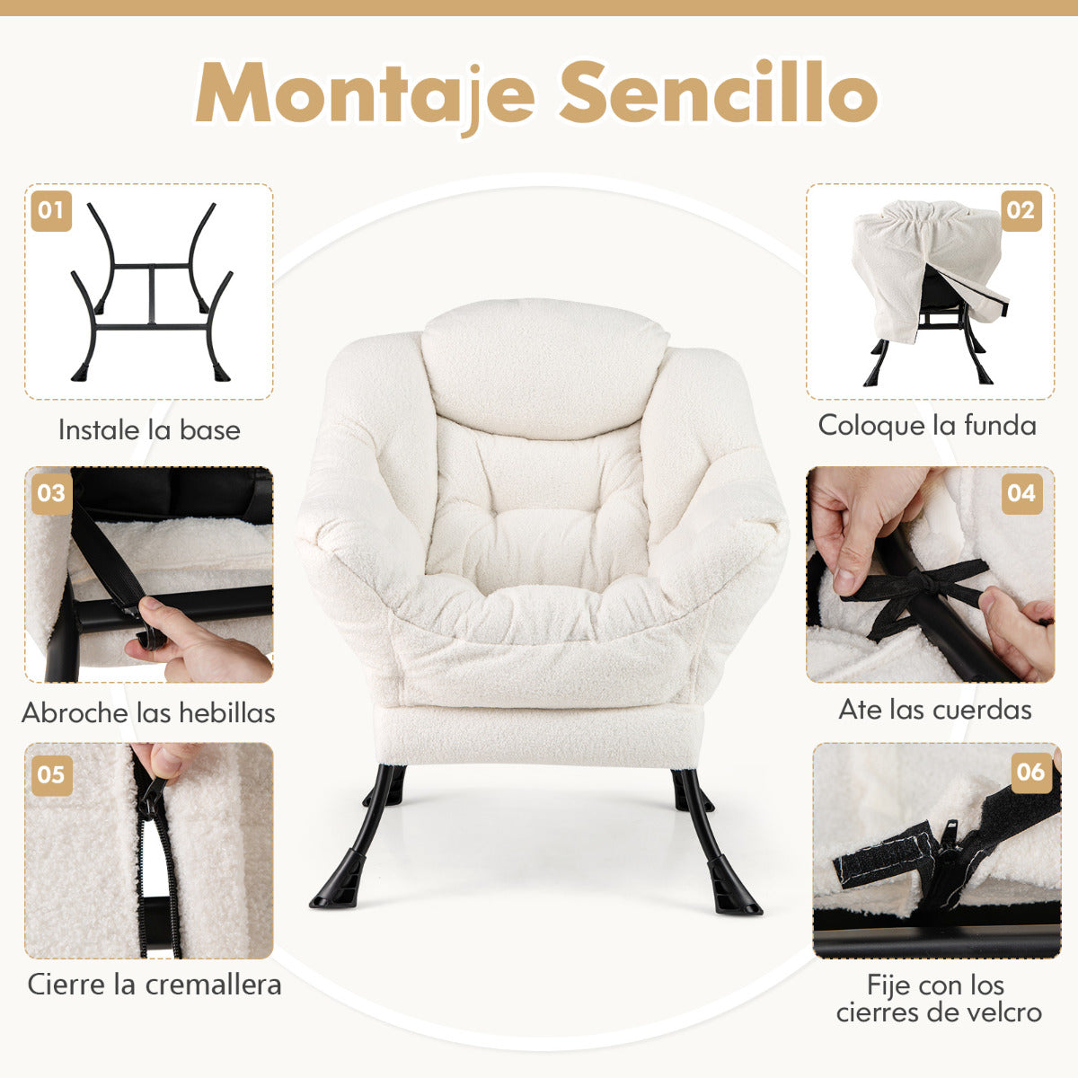 Sillón Grande de Ocio Tapizado con Cojín de Cabeza Acolchado Respaldo Reposabrazos y Bolsa Sillón Sofá para Sala de Estar Dormitorio Beige