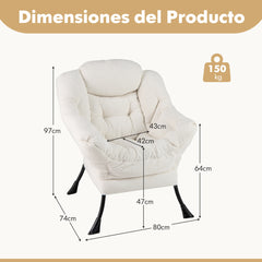 Sillón Grande de Ocio Tapizado con Cojín de Cabeza Acolchado Respaldo Reposabrazos y Bolsa Sillón Sofá para Sala de Estar Dormitorio Beige
