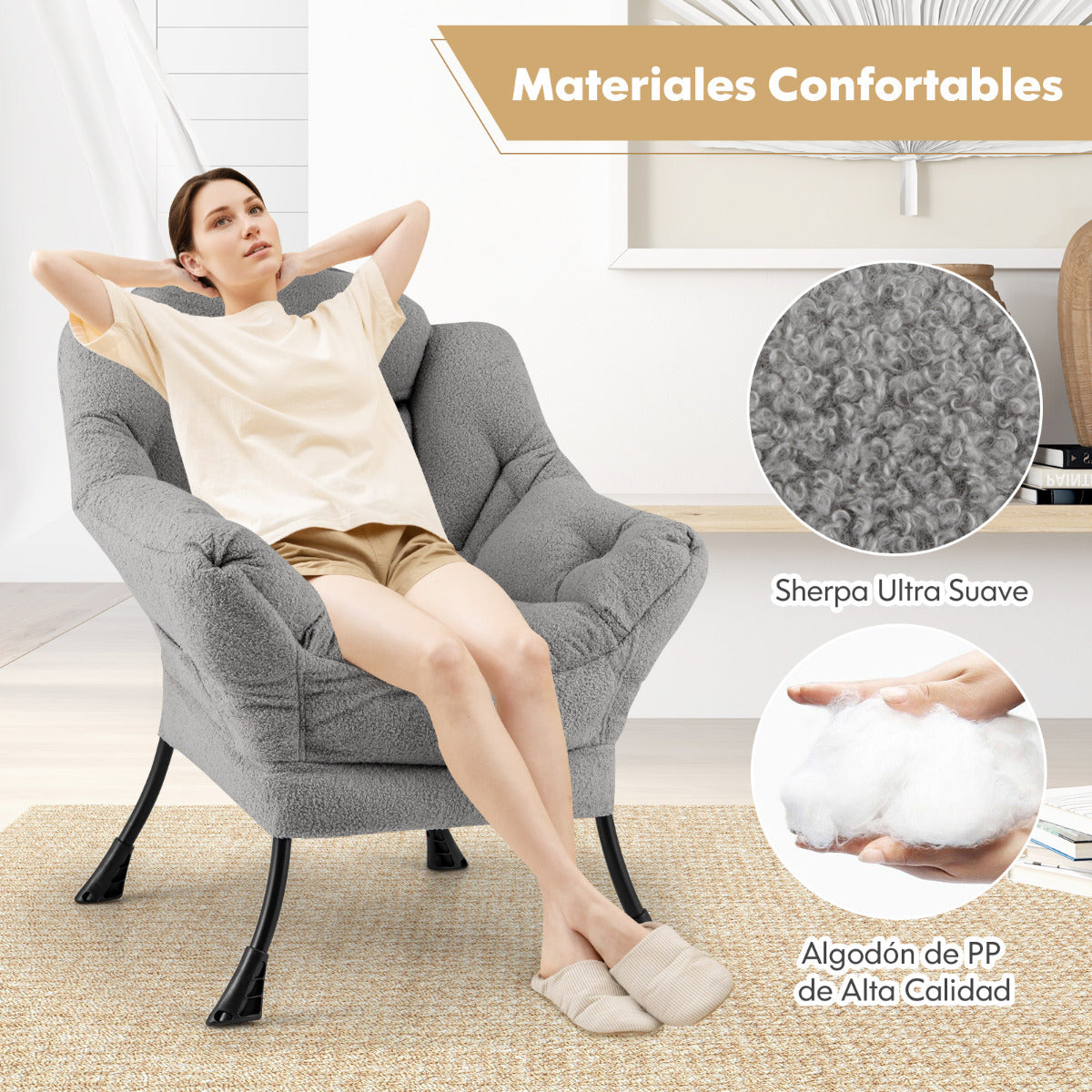 Sillón Grande de Ocio Tapizado con Cojín de Cabeza Acolchado Respaldo Reposabrazos y Bolsa Sillón Sofá para Sala de Estar Dormitorio Gris