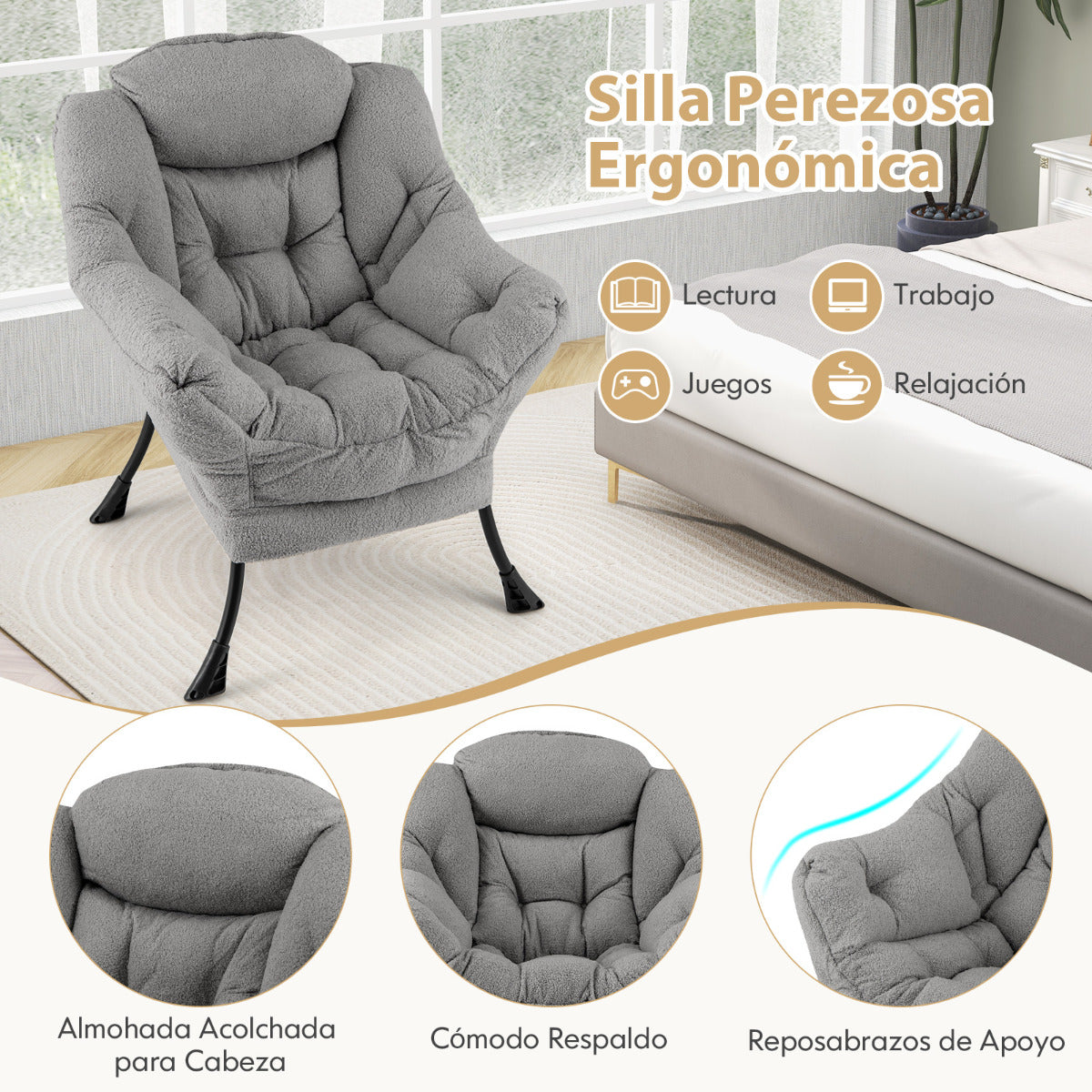 Sillón Grande de Ocio Tapizado con Cojín de Cabeza Acolchado Respaldo Reposabrazos y Bolsa Sillón Sofá para Sala de Estar Dormitorio Gris