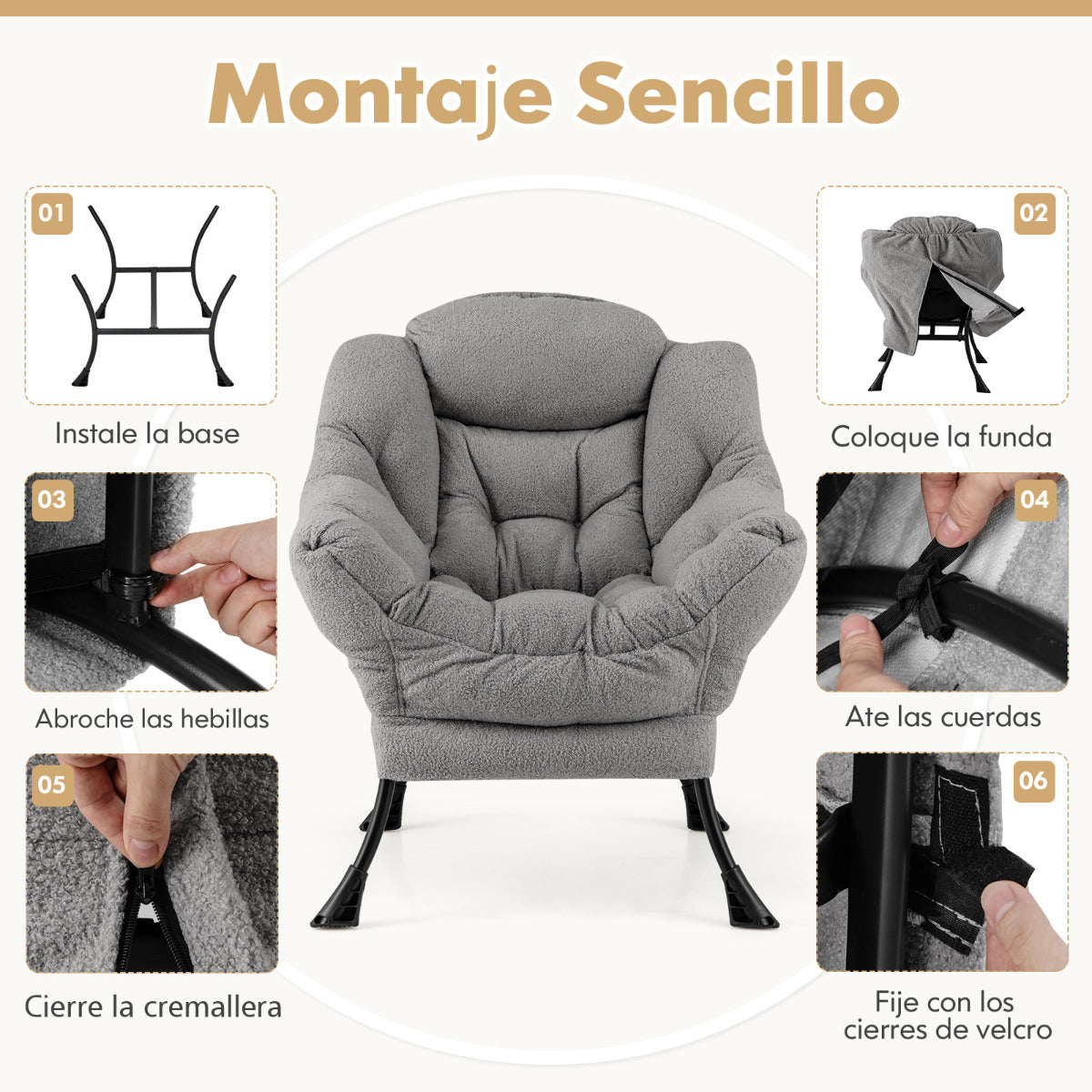 Sillón Grande de Ocio Tapizado con Cojín de Cabeza Acolchado Respaldo Reposabrazos y Bolsa Sillón Sofá para Sala de Estar Dormitorio Gris