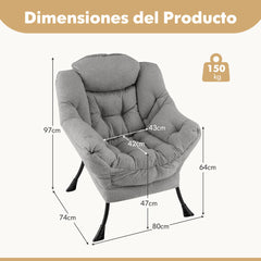 Sillón Grande de Ocio Tapizado con Cojín de Cabeza Acolchado Respaldo Reposabrazos y Bolsa Sillón Sofá para Sala de Estar Dormitorio Gris