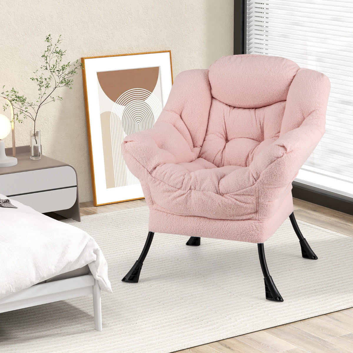 Sillón Grande de Ocio Tapizado con Cojín de Cabeza Acolchado Respaldo Reposabrazos y Bolsa Sillón Sofá para Sala de Estar Dormitorio Rosa