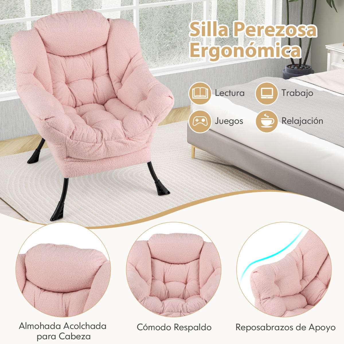 Sillón Grande de Ocio Tapizado con Cojín de Cabeza Acolchado Respaldo Reposabrazos y Bolsa Sillón Sofá para Sala de Estar Dormitorio Rosa