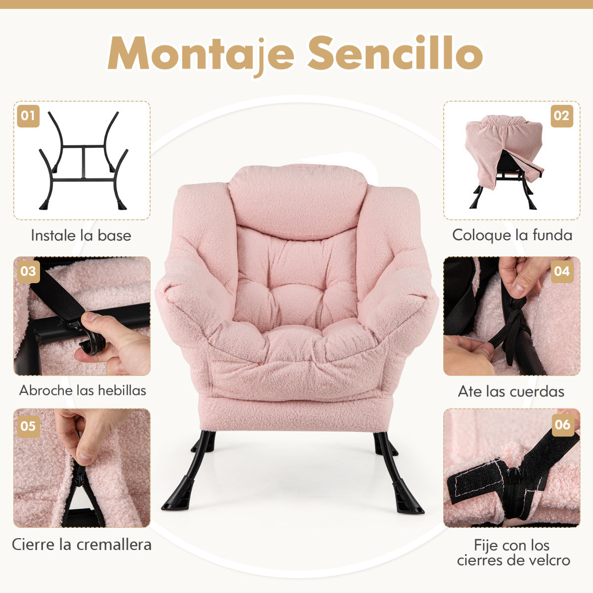 Sillón Grande de Ocio Tapizado con Cojín de Cabeza Acolchado Respaldo Reposabrazos y Bolsa Sillón Sofá para Sala de Estar Dormitorio Rosa