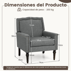 Sillón Moderno de Mediados de Siglo Tapizada en Tela de Lino con Cojín Patas de Madera Caucho Individual para Salón Dormitorio Oficina Gris