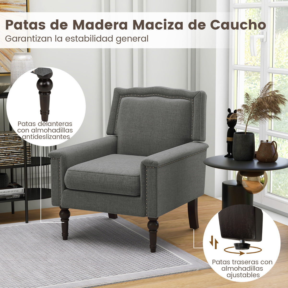Sillón Moderno de Mediados de Siglo Tapizada en Tela de Lino con Cojín Patas de Madera Caucho Individual para Salón Dormitorio Oficina Gris