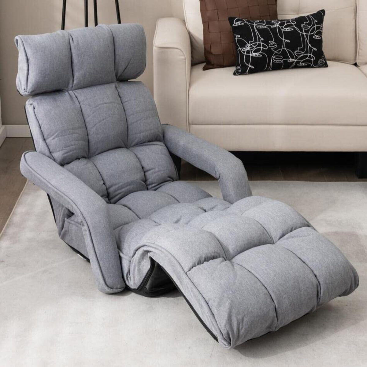 Sillón Plegable Sofá Tumbona Respaldo 6 Posiciones Ajustables Reposabrazos y Reposapiés para Salón Dormitorio 196 x 72 x 19,5 cm Gris