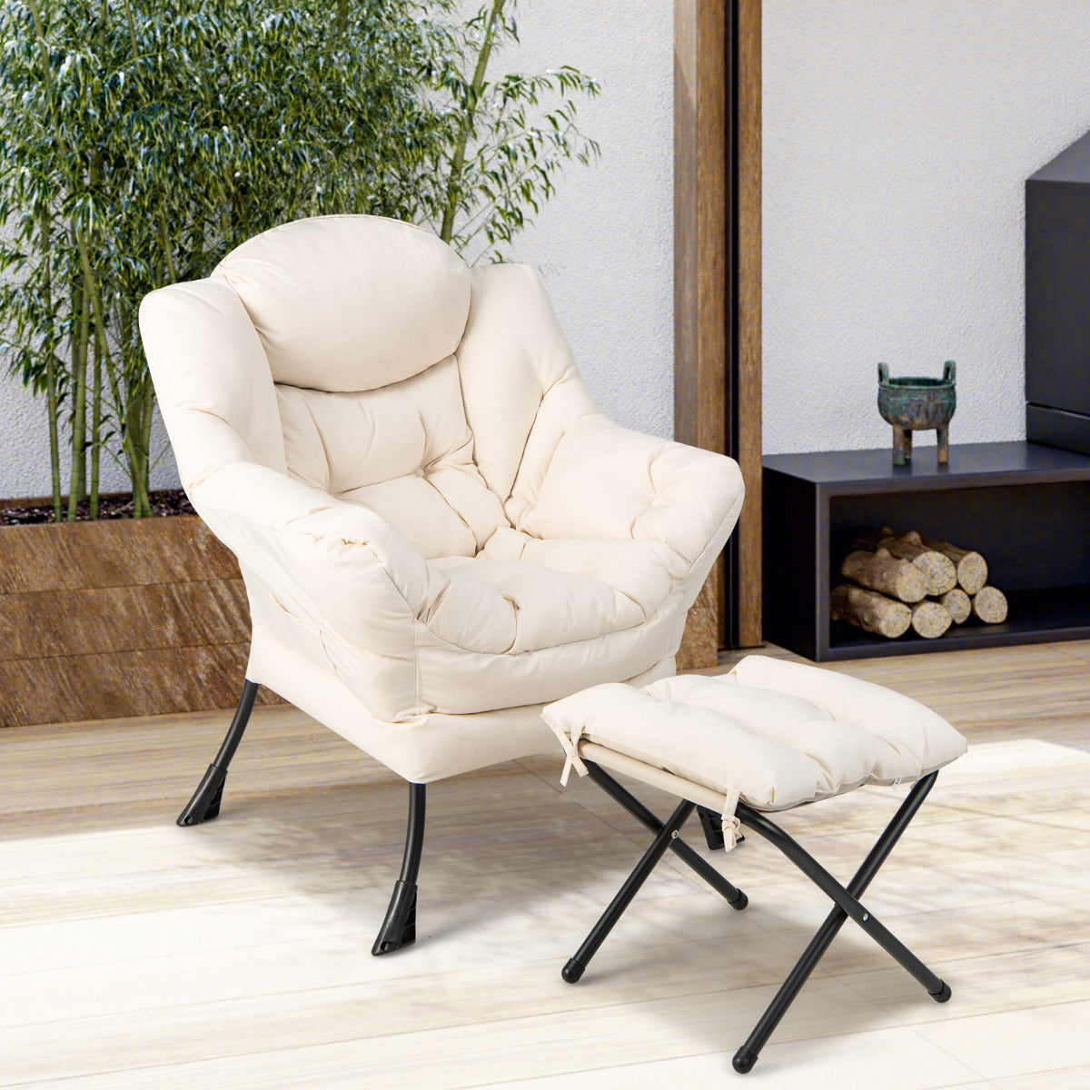 Sillón Reclinable con Otomana Butaca de Ocio con Almohada Reposapiés Reposabrazos Sofá para Salón Dormitorio 75 x 81 x 94,5 cm Beige