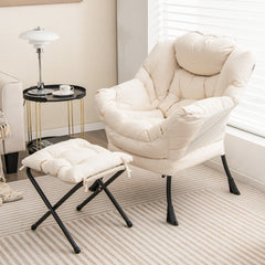 Sillón Reclinable con Otomana Butaca de Ocio con Almohada Reposapiés Reposabrazos Sofá para Salón Dormitorio 75 x 81 x 94,5 cm Beige