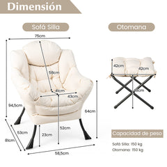 Sillón Reclinable con Otomana Butaca de Ocio con Almohada Reposapiés Reposabrazos Sofá para Salón Dormitorio 75 x 81 x 94,5 cm Beige