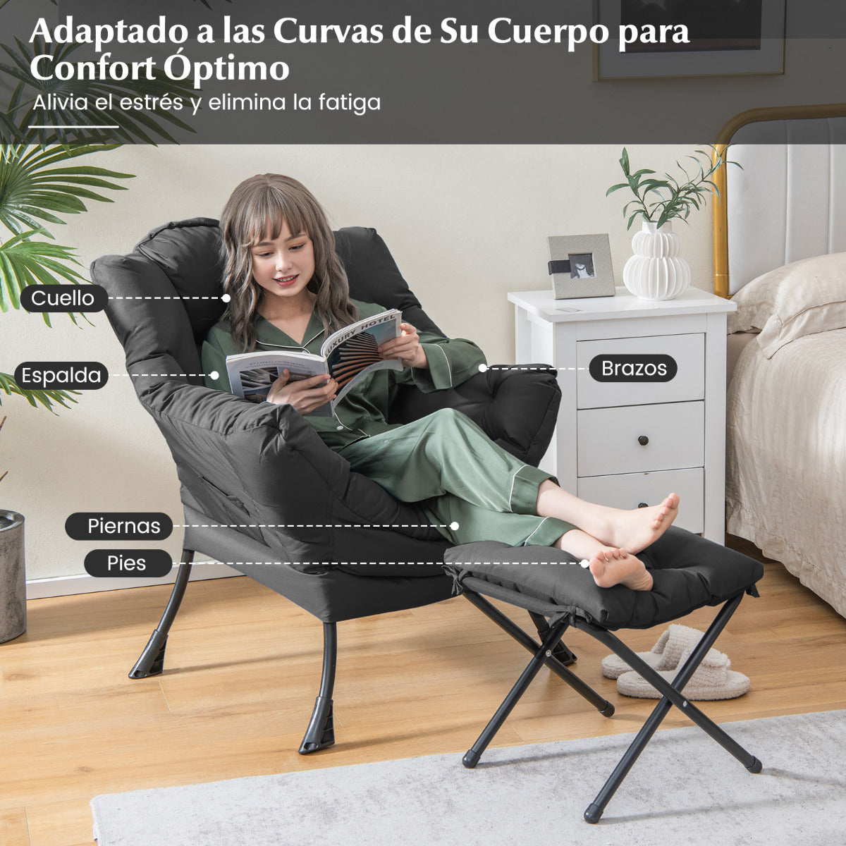 Sillón Reclinable con Otomana Butaca de Ocio con Almohada Reposapiés Reposabrazos Sofá para Salón Dormitorio 75 x 81 x 94,5 cm Gris