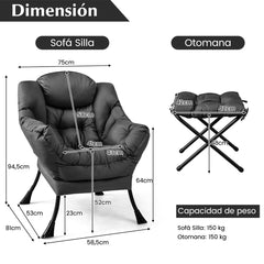 Sillón Reclinable con Otomana Butaca de Ocio con Almohada Reposapiés Reposabrazos Sofá para Salón Dormitorio 75 x 81 x 94,5 cm Gris