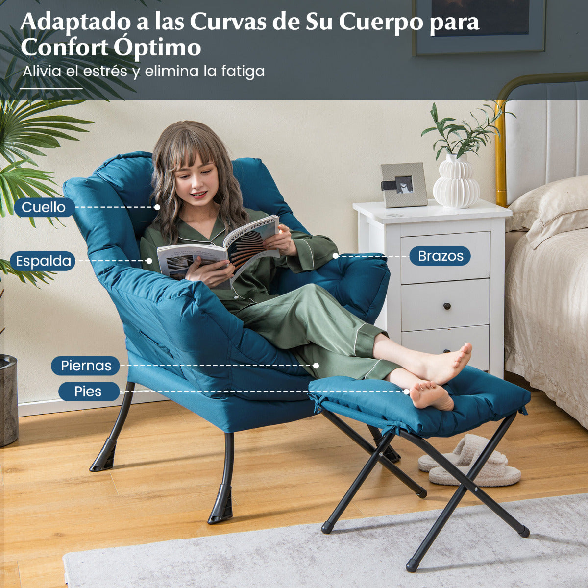 Sillón Reclinable con Otomana Butaca de Ocio con Almohada Reposapiés Reposabrazos Sofá para Salón Dormitorio 75 x 81 x 94,5 cm Azul
