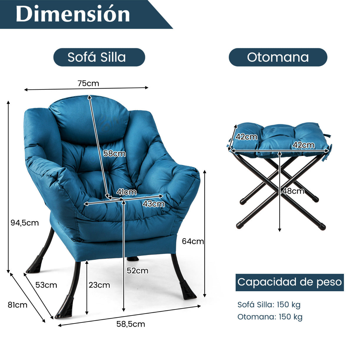 Sillón Reclinable con Otomana Butaca de Ocio con Almohada Reposapiés Reposabrazos Sofá para Salón Dormitorio 75 x 81 x 94,5 cm Azul