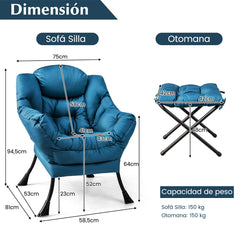 Sillón Reclinable con Otomana Butaca de Ocio con Almohada Reposapiés Reposabrazos Sofá para Salón Dormitorio 75 x 81 x 94,5 cm Azul