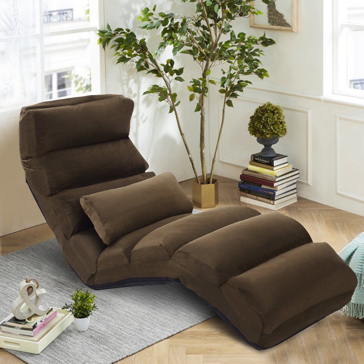 Sillón Plegable a Ras de Suelo Sofá Acolchado y Recubierto en Falso Ante Regulable en 5 Posiciones Soporte para Espalda Marrón