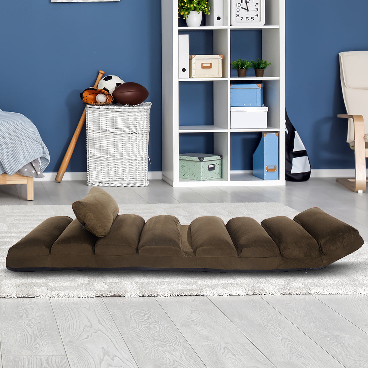 Sillón Plegable a Ras de Suelo Sofá Acolchado y Recubierto en Falso Ante Regulable en 5 Posiciones Soporte para Espalda Marrón